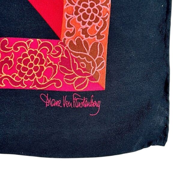 Diane Von Furstenberg Silk Scarf Asian Dragon Floral Black Magenta 34" DVF - Picture 14 of 14
